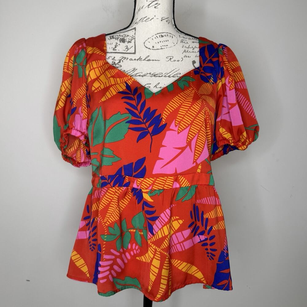 'Skies Are Blue' Tropical Print Peplum Palm Bright Puff Sleeve Top size Large